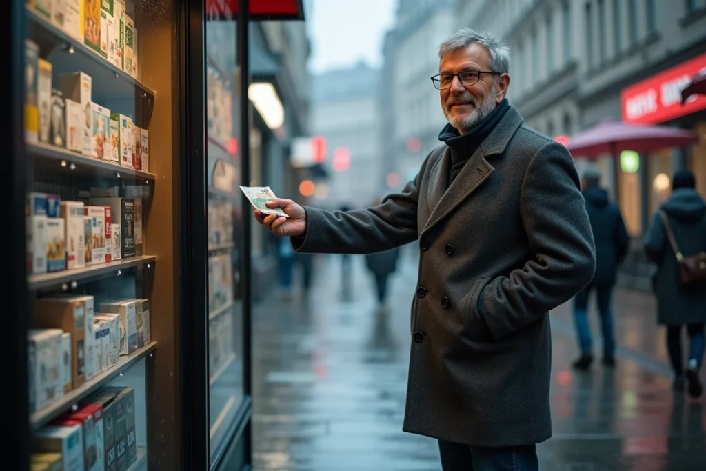 Un homme d'une cinquantaine d'années achète des cigarettes à un kiosque en Allemagne sous la pluie, tenant des billets en euros