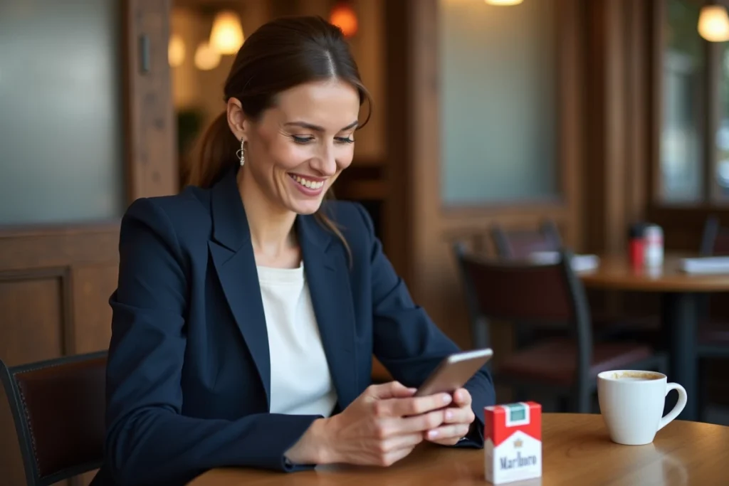 Une femme dans la trentaine consulte les prix du tabac sur son smartphone dans un café de Strasbourg, avec un paquet de cigarettes posé sur la table