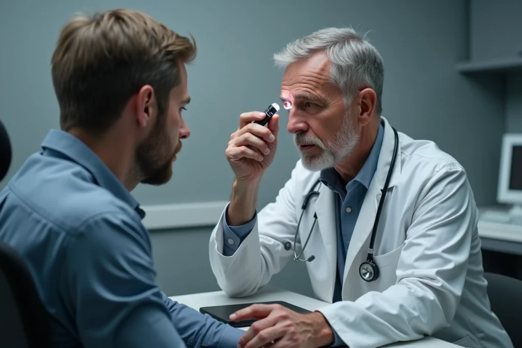 Médecin examinant l'œil gonflé d'un patient lors d'une consultation médicale après une piqûre d'insecte