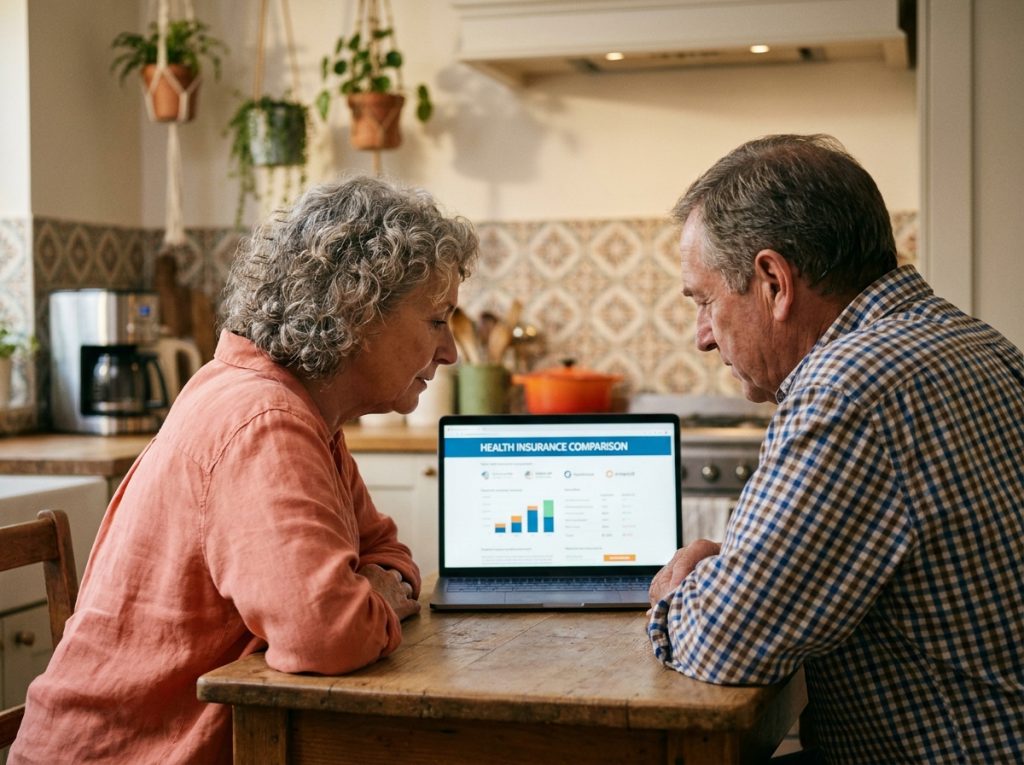 Couple de seniors retraités comparant des mutuelles santé sur un ordinateur portable à la maison