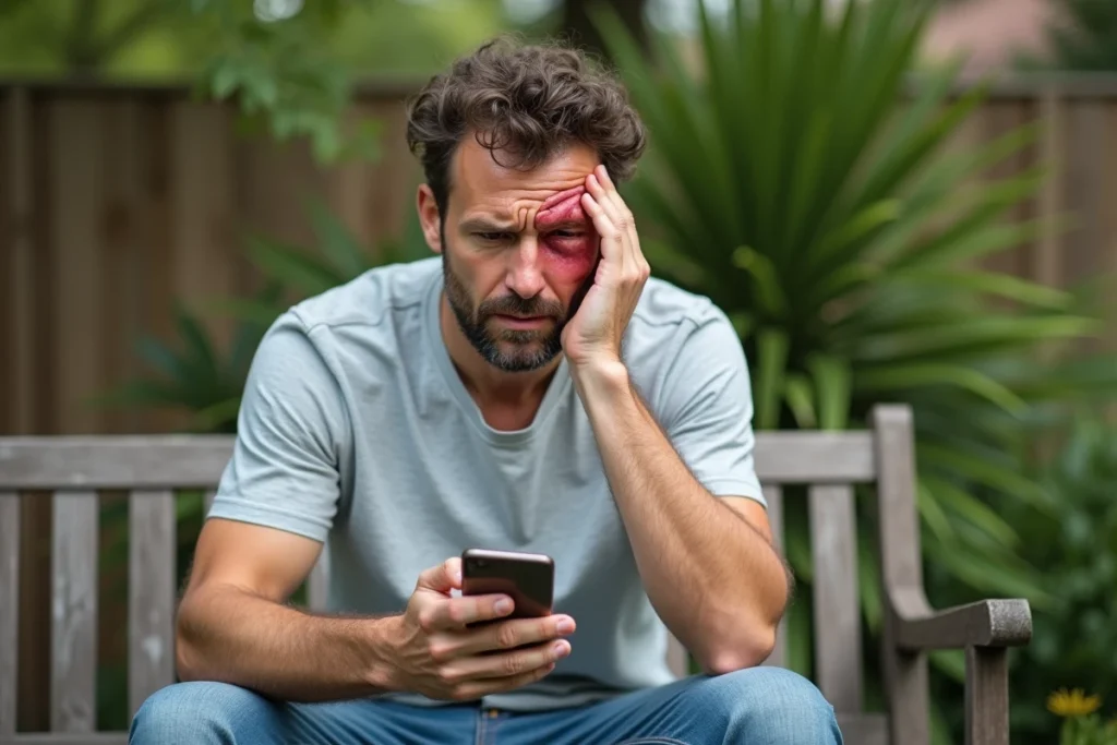 Homme au jardin consultant son téléphone après une piqûre d'insecte provoquant un gonflement de l'œil