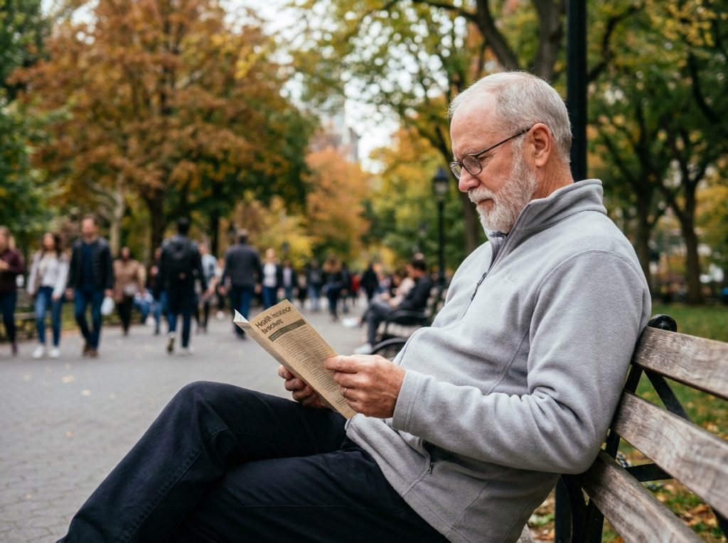 Homme senior actif lisant une brochure de mutuelle santé dans un parc en automne
