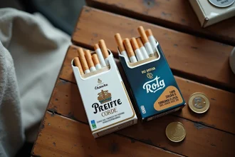 Deux paquets de cigarettes Marlboro, l'un allemand et l'un français, posés côte à côte sur une table de café parisienne avec des pièces en euros