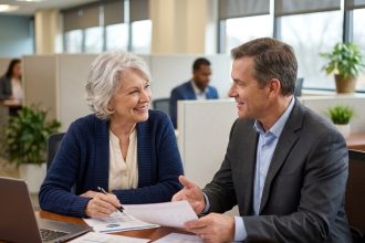 Senior femme retraitée en rendez-vous avec un conseiller mutuelle santé dans un bureau moderne