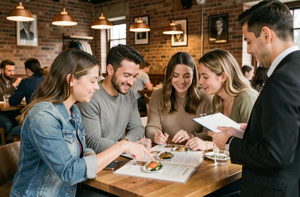 Groupe d'adultes au restaurant interrogeant le serveur sur les allergènes présents dans les plats du menu