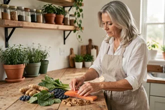 Femme d'une cinquantaine d'années préparant des aliments anti-inflammatoires dans une cuisine naturelle et lumineuse