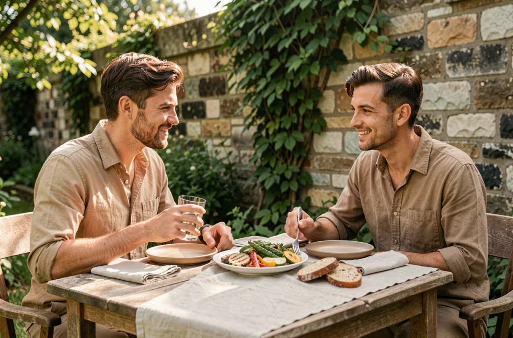 Deux amis partageant un repas en plein air à table, mangeant lentement et discutant pour favoriser la satiété