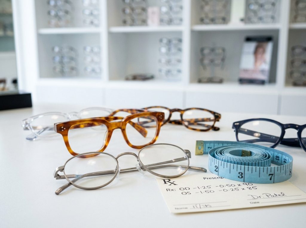 Assortiment de montures de lunettes posées sur un bureau d'opticien avec une ordonnance et un mètre ruban
