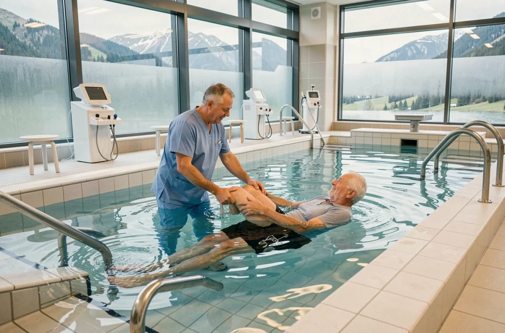 Kinésithérapeute guidant un patient en balnéothérapie dans une piscine thermale médicale spécialisée en rhumatologie
