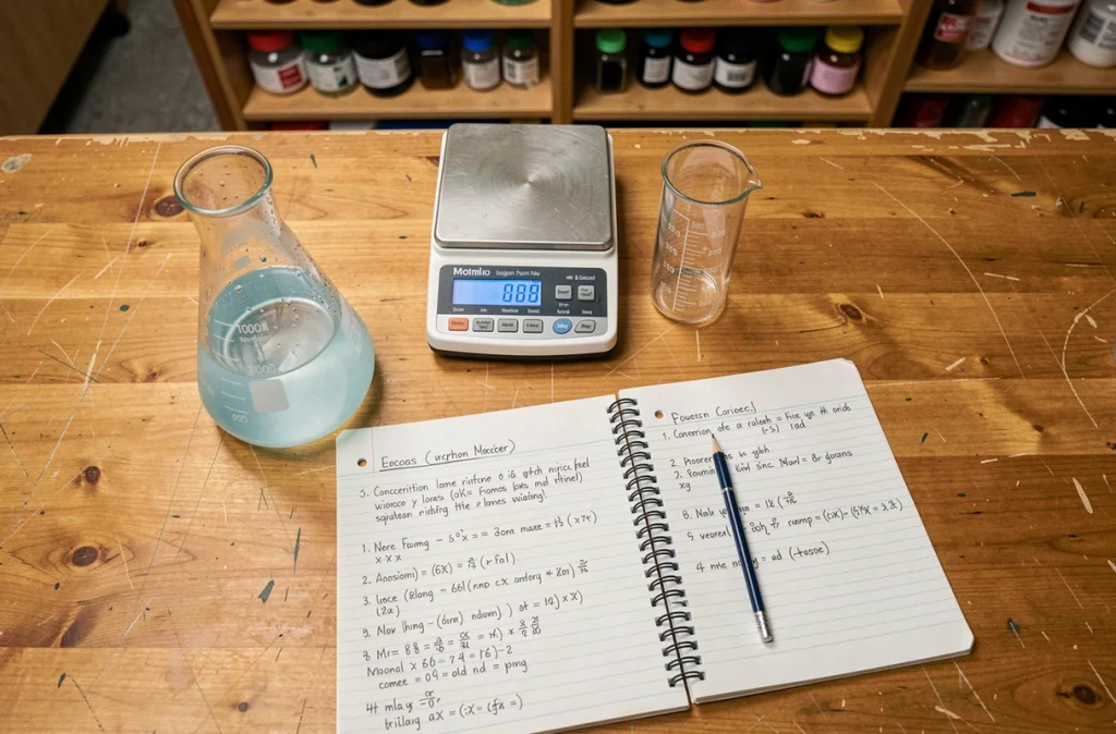 Vue aérienne d'un bureau de laboratoire avec flacon volumétrique, balance analytique et cahier de calculs de concentration