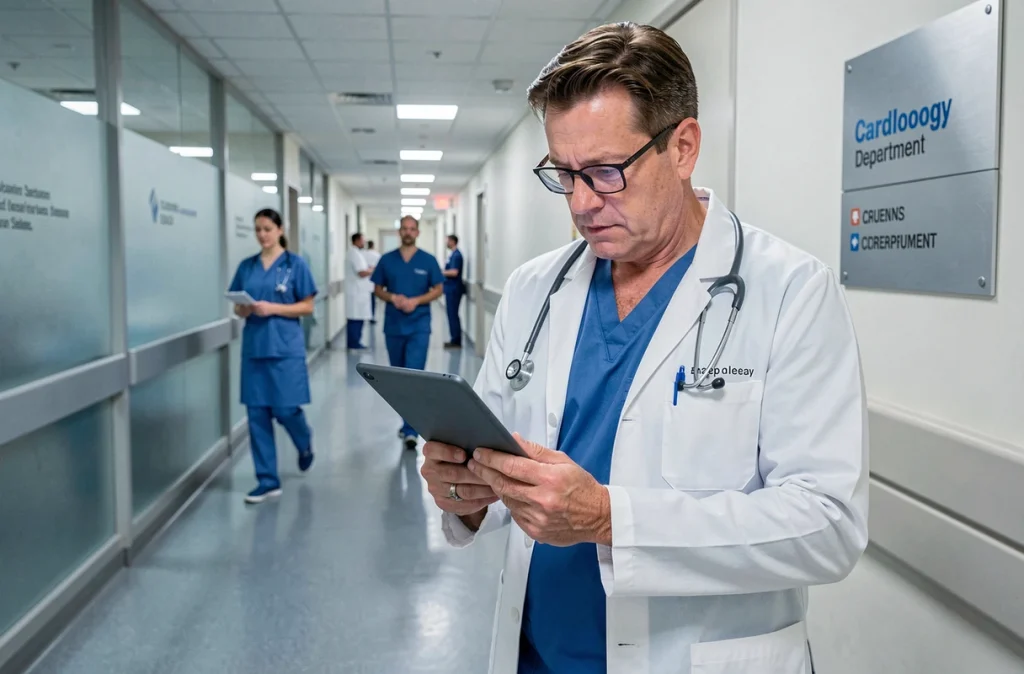 Cardiologue en blouse blanche consultant un dossier patient sur tablette dans un couloir d'hôpital moderne