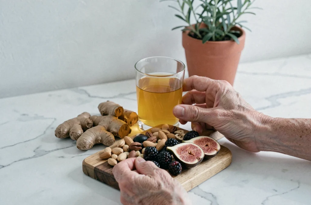 Mains préparant une collation anti-inflammatoire avec thé au curcuma, baies et noix sur marbre blanc