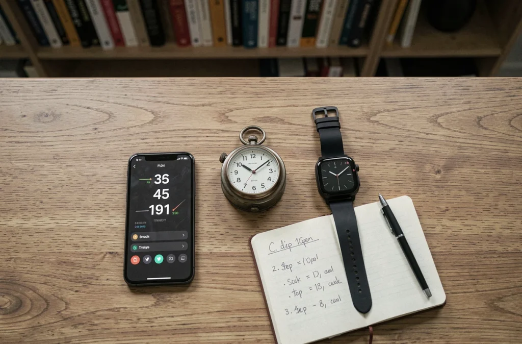 Comparaison entre podomètre classique, montre connectée et application smartphone pour compter les pas par kilomètre, posés sur un bureau en bois