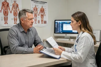 Médecin expliquant des résultats d'analyse sanguine avec gamma GT élevé à un patient lors d'une consultation médicale