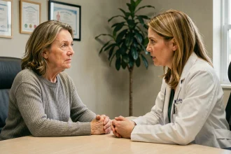 Une patiente atteinte de fibromyalgie en consultation avec sa médecin dans un cabinet médical moderne
