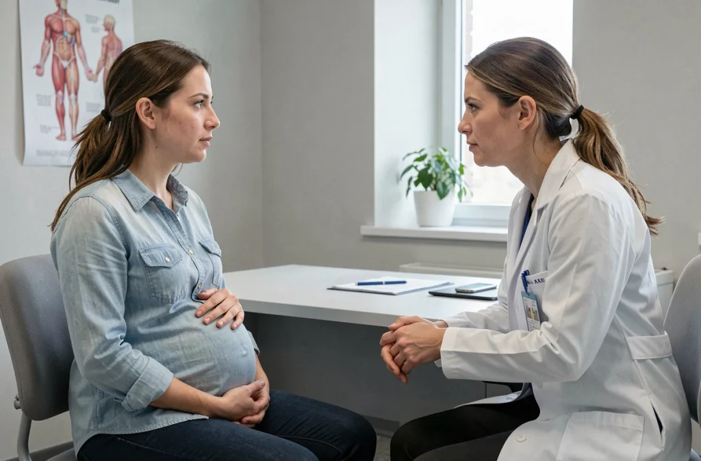 Femme enceinte en consultation gynécologique discutant des changements hormonaux pendant la grossesse avec sa médecin