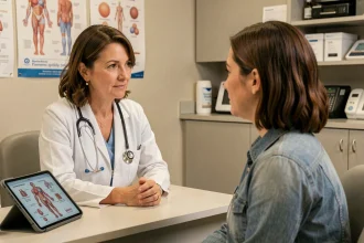 Gynécologue en consultation avec une patiente discutant des causes des kystes aux ovaires dans un cabinet médical moderne