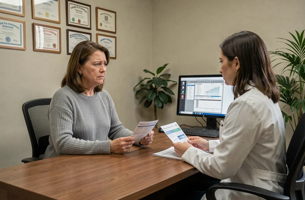Consultation médicale entre une femme et son médecin généraliste pour des infections urinaires récidivantes