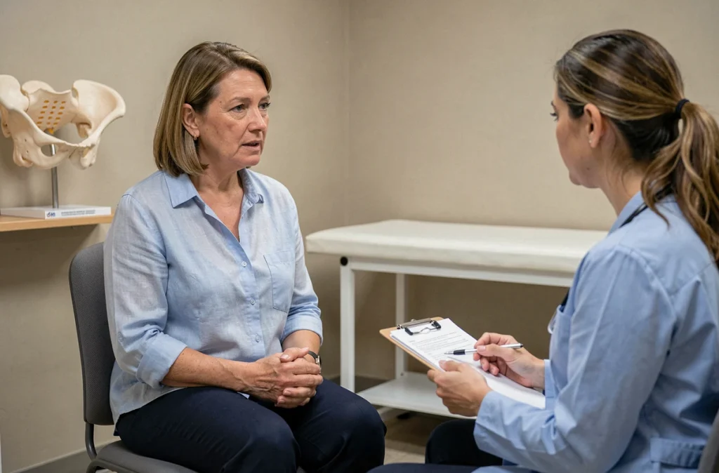 Patiente en consultation avec une physiothérapeute pour une douleur pelvienne chronique liée à la névralgie pudendale dans un cabinet médical