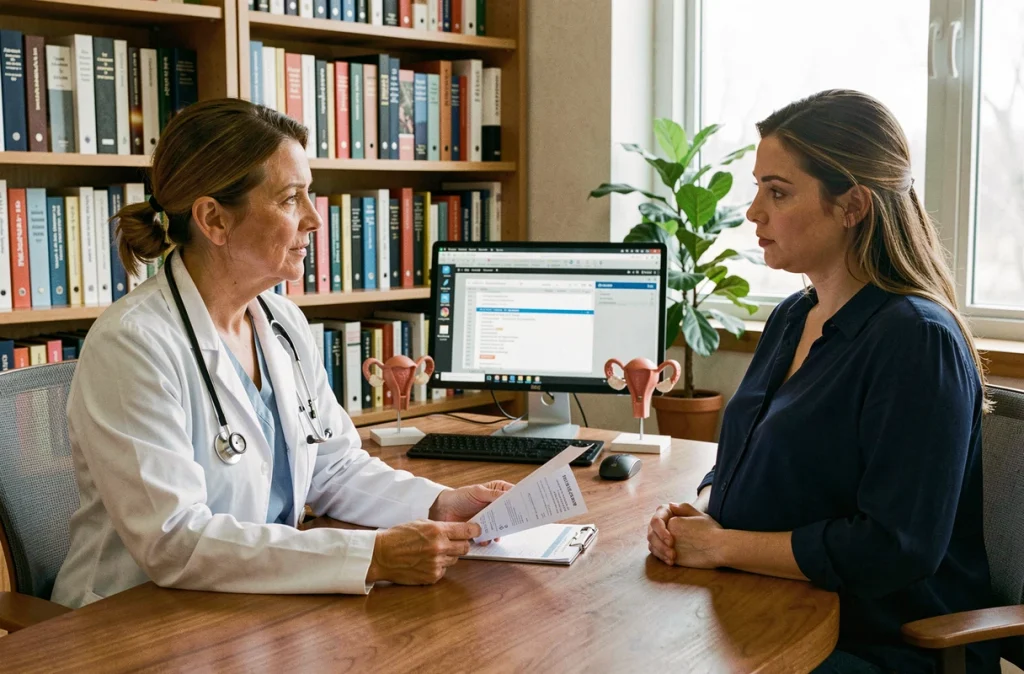 Gynécologue obstétricienne en consultation prénatale avec une femme enceinte, examinant les résultats d'analyses sanguines