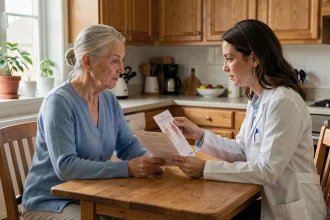 Une femme âgée en consultation avec une professionnelle de santé autour d'un carnet de suivi médical, dans une cuisine chaleureuse, pour prévenir la perte d'autonomie