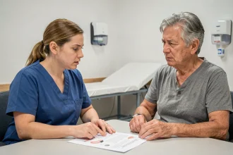 Infirmière expliquant les soins d'une plaie chirurgicale à un patient lors d'une consultation médicale