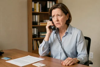 Femme appelant la CPAM depuis son domicile en cas d'urgence administrative de santé