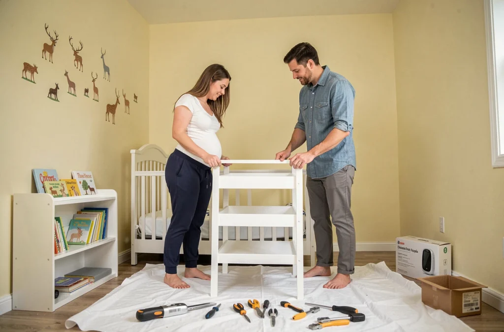 Couple attendant un bébé en train d'assembler un meuble à langer dans une chambre de bébé décorée avec soin au deuxième trimestre de grossesse