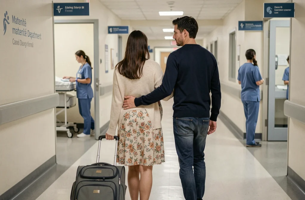 Couple marchant vers la maternité dans un couloir d'hôpital, femme enceinte en travail soutenue par son partenaire avec un sac de naissance