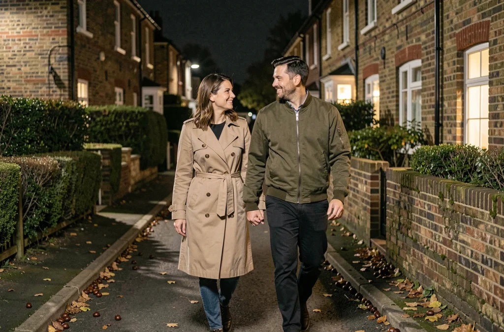 Couple se promenant main dans la main dans un quartier résidentiel la nuit, illustrant les effets apaisants de la marche nocturne sur le sommeil