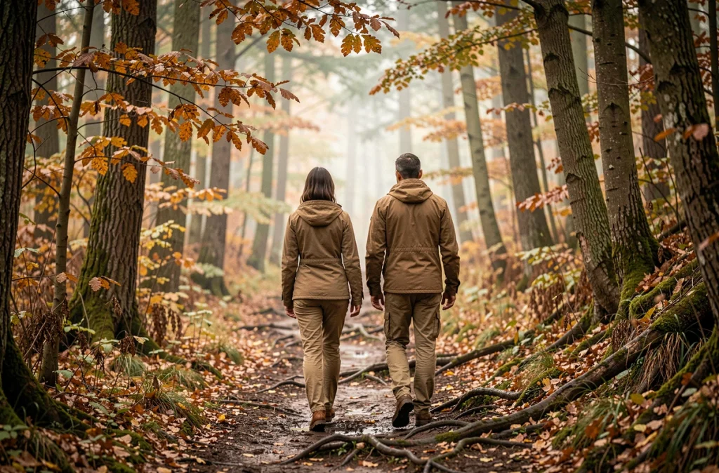 Couple marchant en silence sur un sentier forestier automnal lors d'un bain de forêt méditatif
