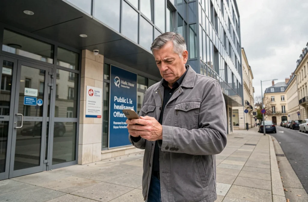 Homme consultant son téléphone devant un bâtiment administratif de la CPAM à La Roche-sur-Yon