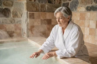 Femme âgée en robe de bain blanche profitant d'une cure thermale rhumatologie dans un spa thermal aux murs en pierre