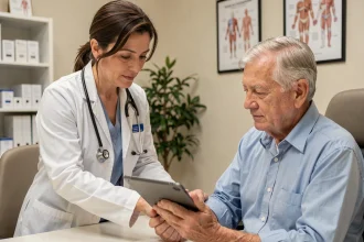 Médecin femme consultant un patient senior âgé lors d'un dépistage de maladie chronique en cabinet médical