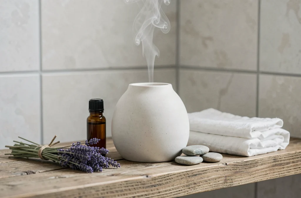 Diffuseur d'huiles essentielles en céramique avec lavande séchée et flacons sur une étagère en bois dans une salle de bain