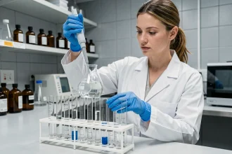 Technicienne de laboratoire réalisant des dilutions successives d'une solution mère avec une pipette et des tubes à essai gradués