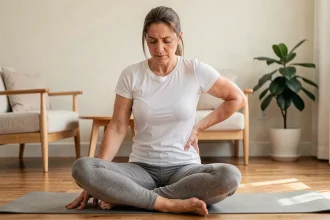 Femme assise sur un tapis de yoga tenant sa fesse douloureuse à la maison, illustrant la douleur fessière