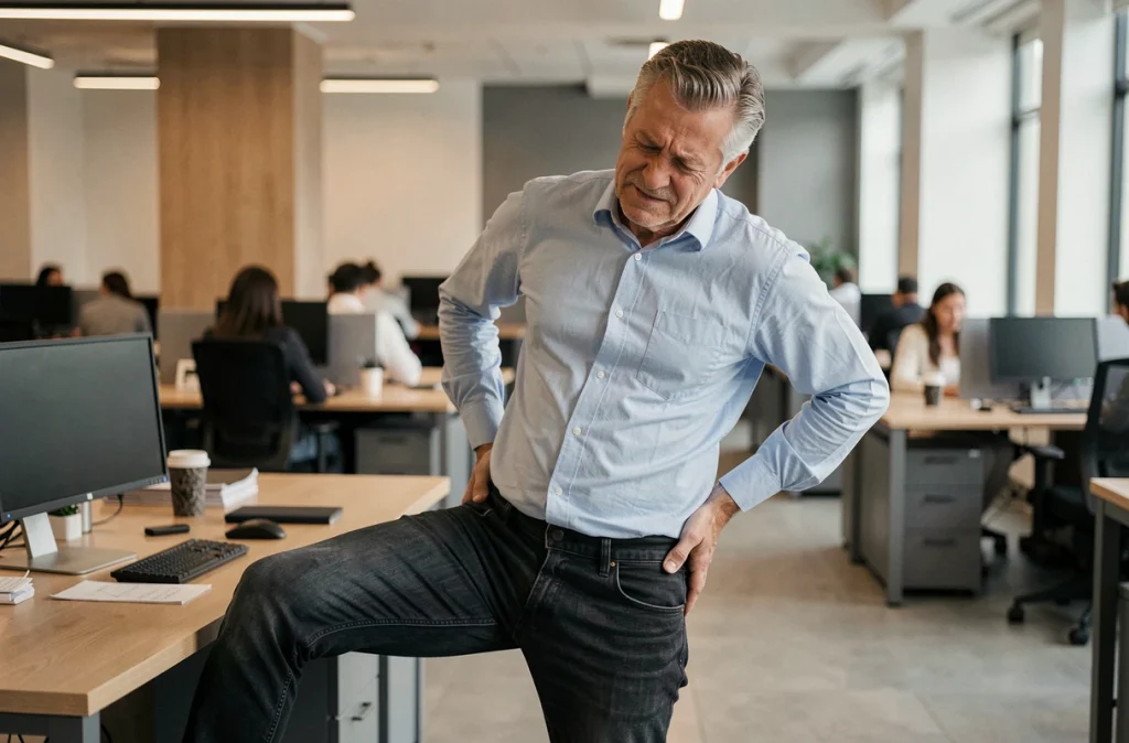 Homme d'âge mûr souffrant d'une douleur aux fesses en position debout dans un bureau moderne
