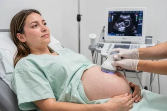 Femme enceinte lors d'une échographie obstétricale, regardant l'écran avec émotion dans un cabinet médical moderne
