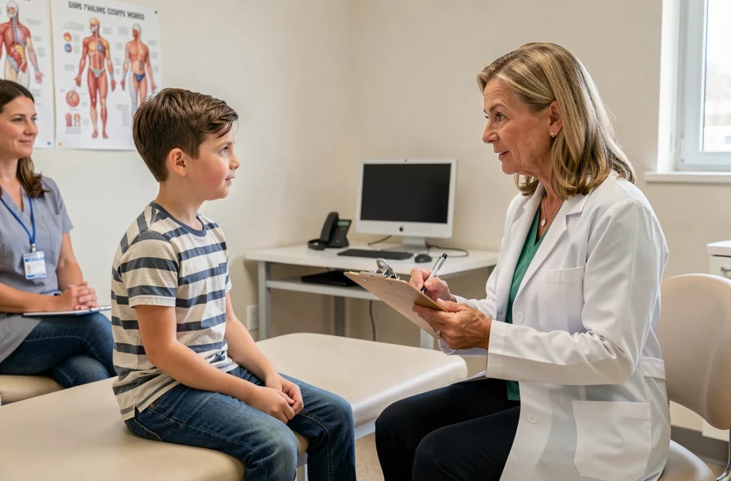 Enfant en consultation médicale chez un allergologue pédiatrique accompagné de sa mère pour des allergies alimentaires