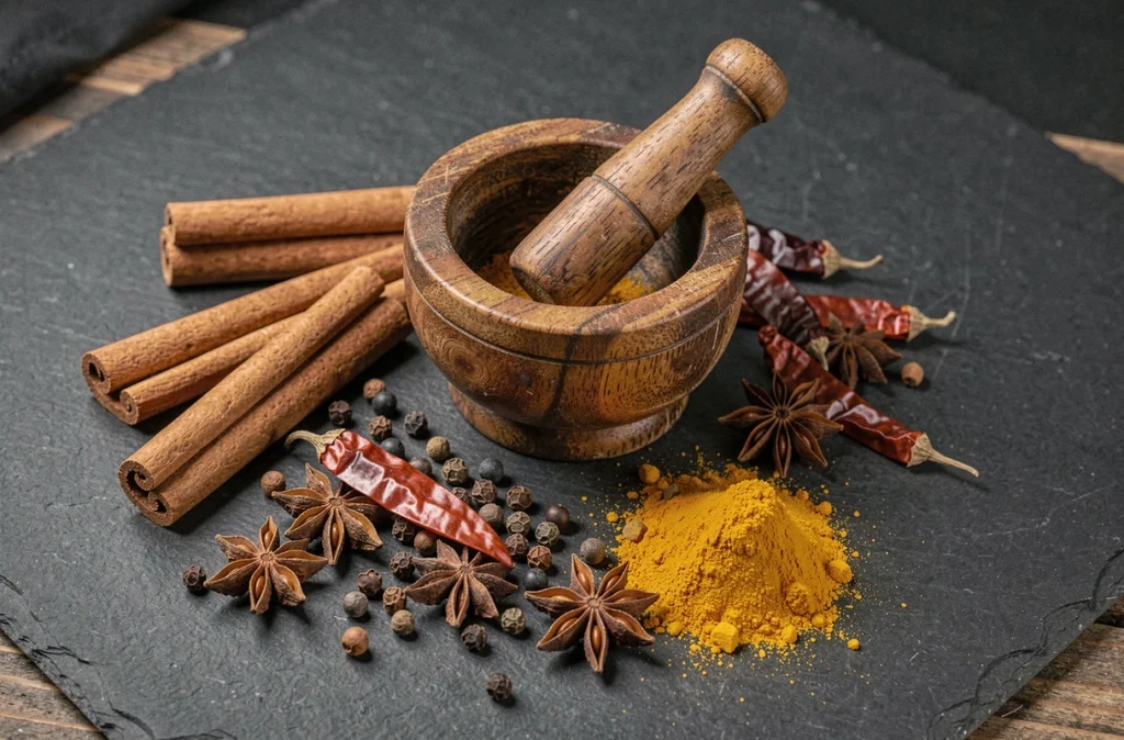 Vue aérienne d'un assortiment d'épices entières et moulues sur une ardoise noire avec un mortier en bois pour booster le métabolisme