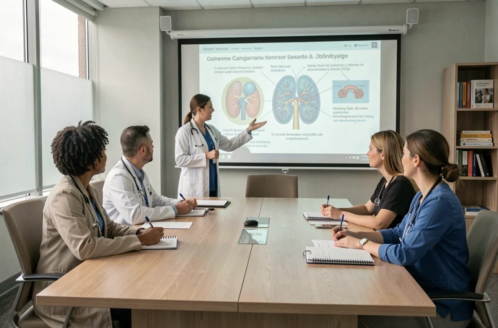 Une équipe pluridisciplinaire de professionnels de santé discutant de la reconnaissance de la fibromyalgie lors d'une réunion médicale