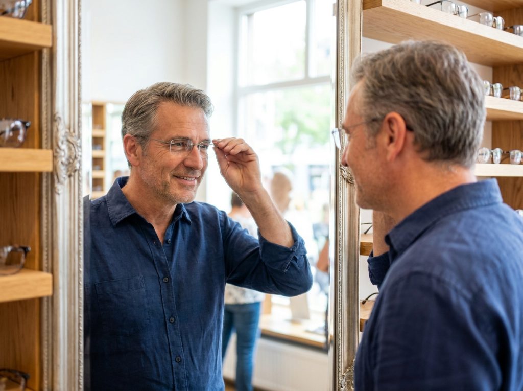 Homme d'âge mûr essayant des lunettes sans monture devant un miroir dans une boutique d'opticien
