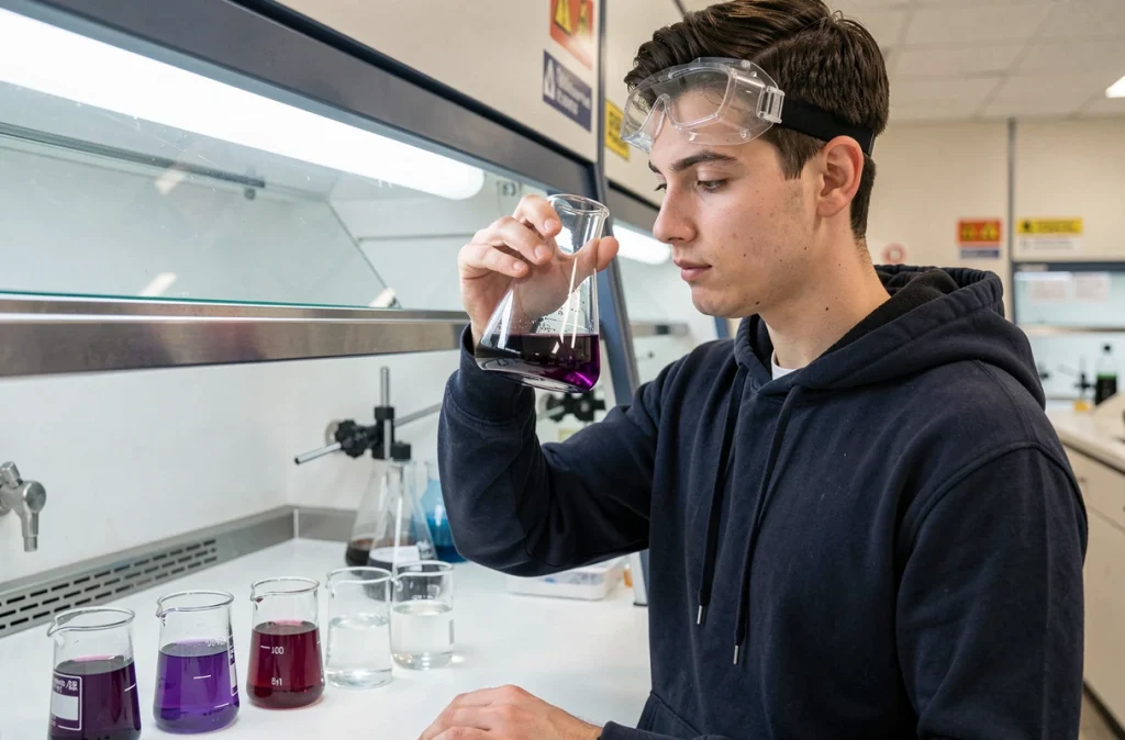 Étudiant en chimie observant une série de dilutions dans des béchers montrant un dégradé de couleur violet à transparent