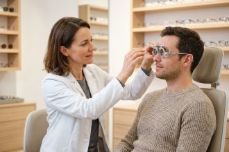 Opticienne ajustant un verre correcteur sur un patient lors d'un examen de vue en cabinet optique moderne