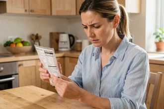 Femme adulte lisant attentivement les étiquettes d'un produit alimentaire pour identifier les allergènes dans sa cuisine