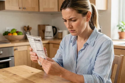 Femme adulte lisant attentivement les étiquettes d'un produit alimentaire pour identifier les allergènes dans sa cuisine