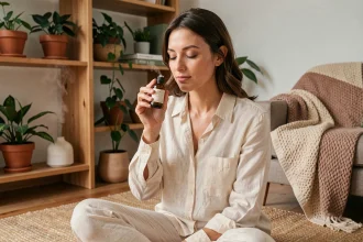 Femme sereine tenant un flacon d'huile essentielle dans un salon apaisant avec diffuseur et plantes vertes