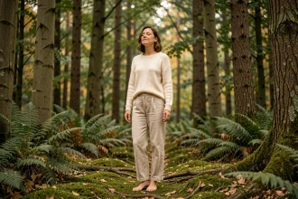 Femme en tenue décontractée pratiquant le bain de forêt pieds nus sur un sol moussu entre de grands arbres