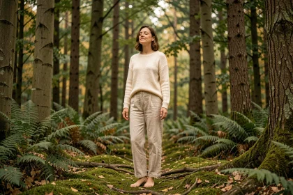 Femme en tenue décontractée pratiquant le bain de forêt pieds nus sur un sol moussu entre de grands arbres